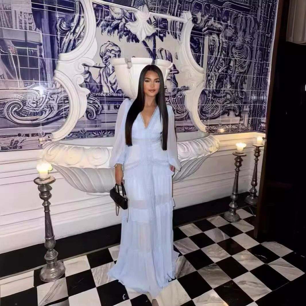 Light Blue Sheer Sleeve Gown – Elegant Full-Length Dress with Classic Charm