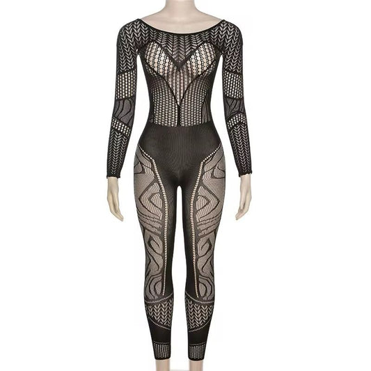 Black Mesh Bodysuit – Full-Length with Geometric & Floral Lace Patterns
