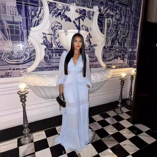Light Blue Sheer Sleeve Gown – Elegant Full-Length Dress with Classic Charm