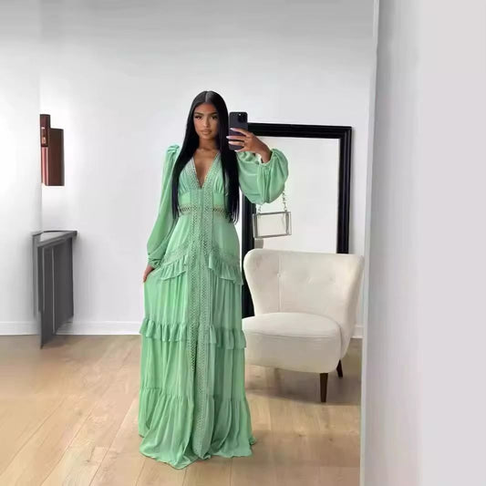 Elegant Tiered Lace Green Maxi Dress – V-Neck & Long Sleeves