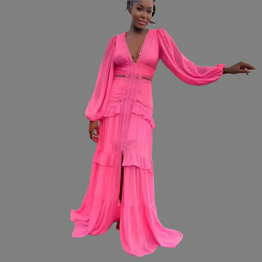 Blush Pink Ruffle Gown – Lace-Trimmed Maxi Dress with Romantic Flair