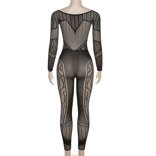 Black Mesh Bodysuit – Full-Length with Geometric & Floral Lace Patterns